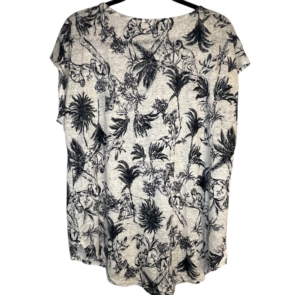 Joie Black and White Tropical Print Boxy Linen Relaxed Fit Cap Sleeve Tee Shirt - Picture 4 of 11